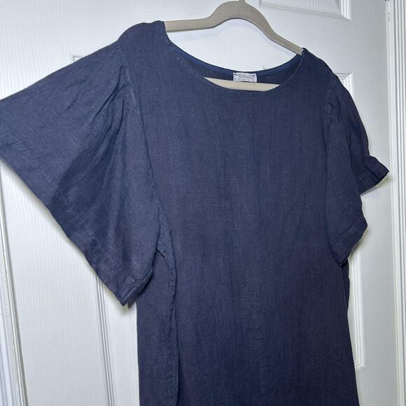 Bellambra Dress Womens 1X Blue Linen Crochet Hem Made In Italy Tunic Knee Length - Picture 4 of 9